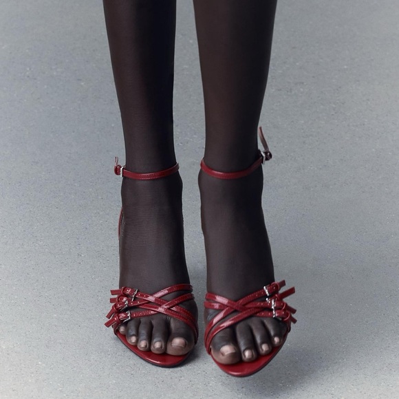 ZARA RED FAUX LEATHER HIGH HEELED STRAP SANDALS - Picture 7 of 15